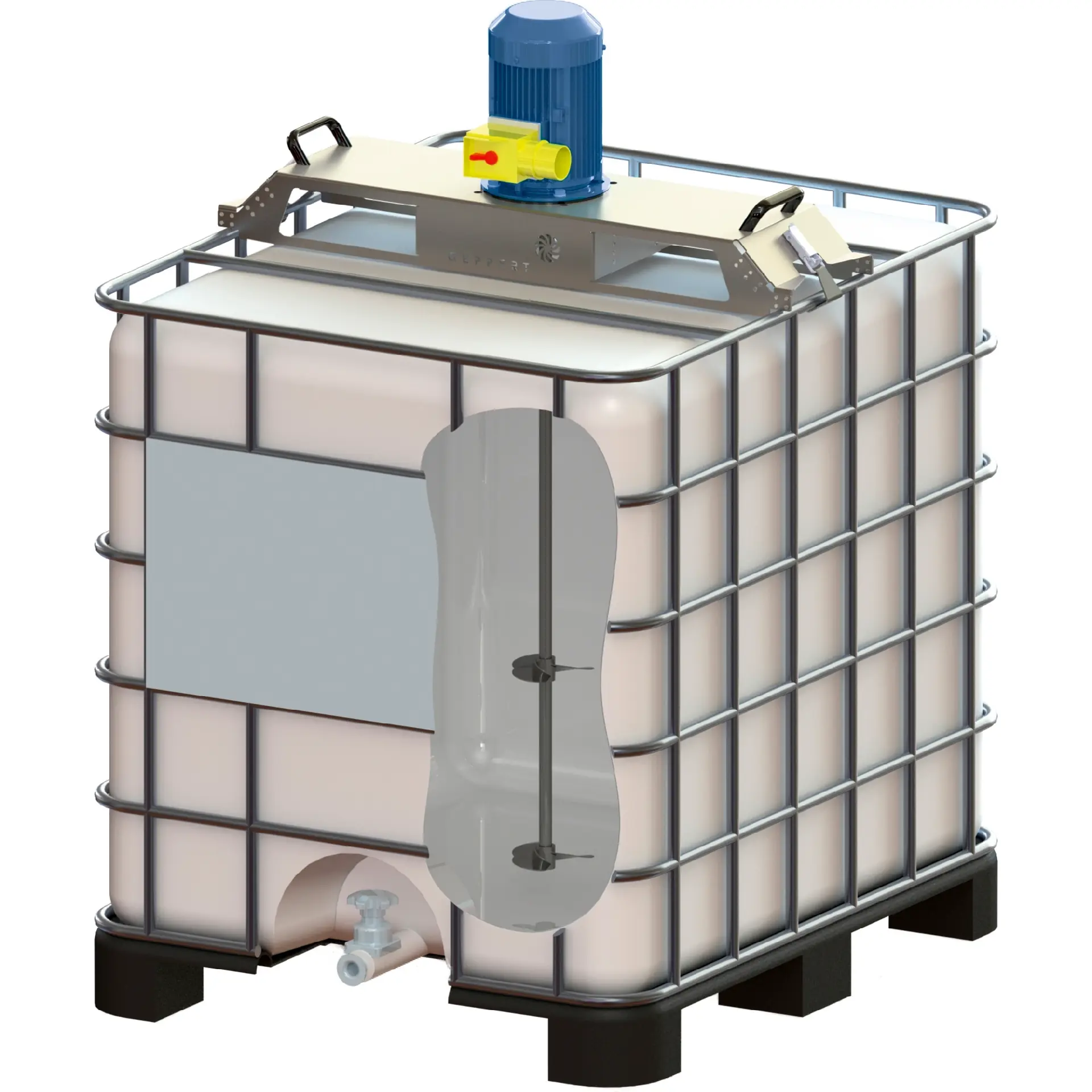 IBC-Tank, Chemikalienbehälter, Blauer Motor, Kunststoffbehälter, Palettenbasis