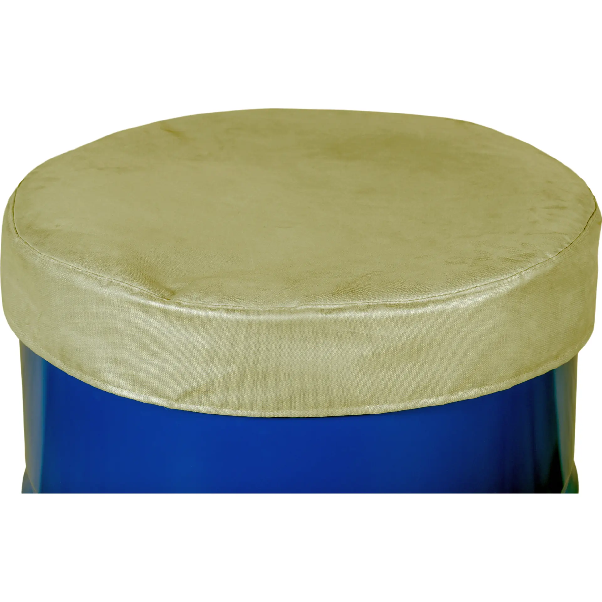 runder-hocker, gepolsterte-sitzfläche, gold-beige-bezug, blauer-sockel, fußhocker