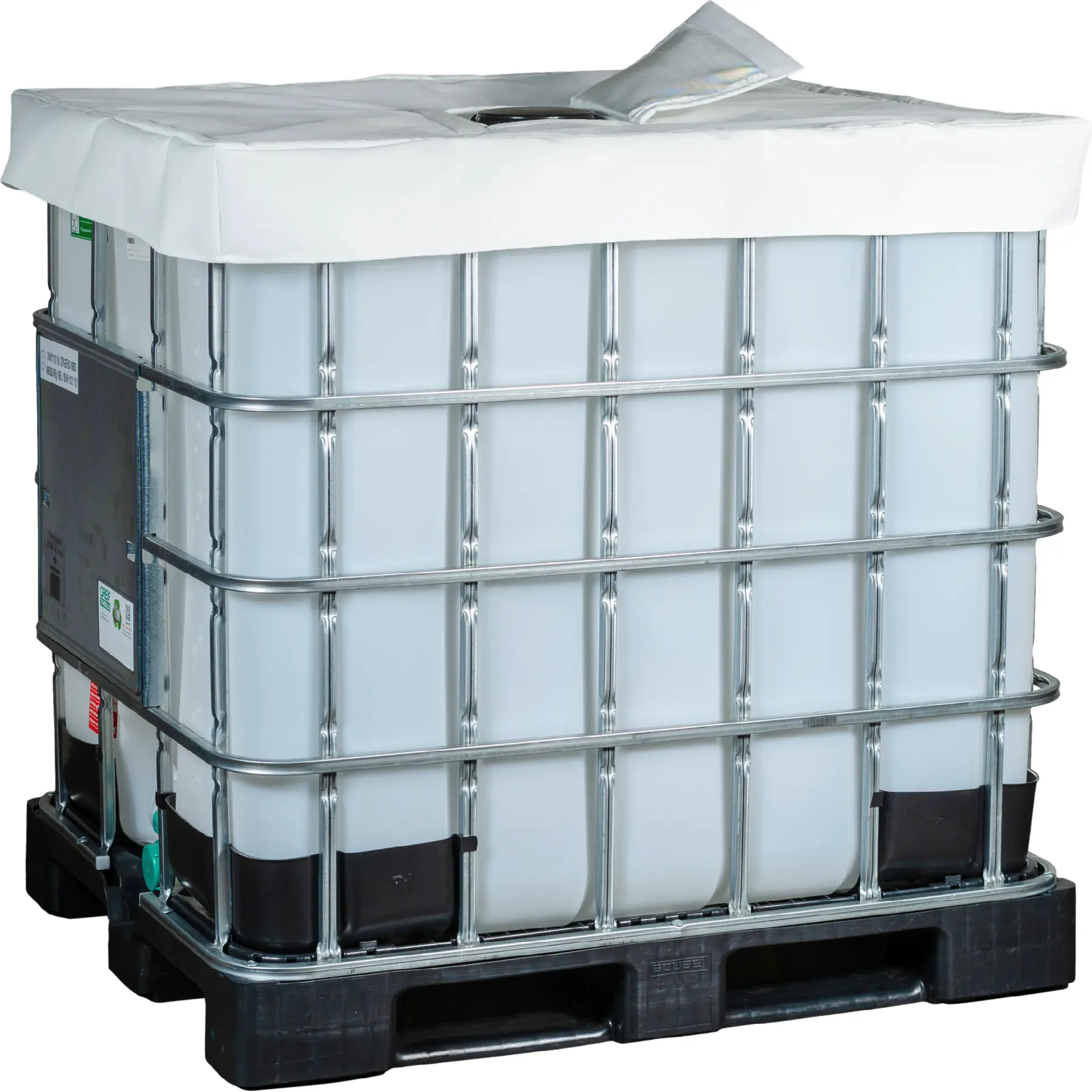 IBC-Behälter, Kunststoff-IBC, IBC-Tank, weißes Flüssigkeitsbehälter, Metallrahmen
